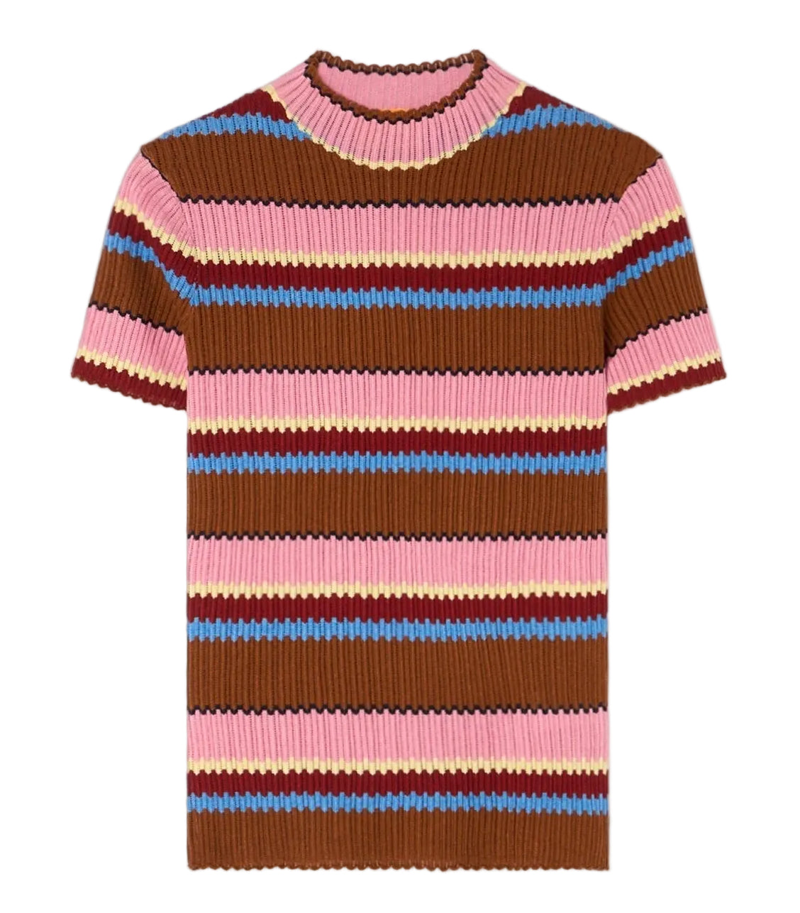 The Palazzo Top by Guest in Residence is a short-sleeved ribbed knit with pink, brown, red, yellow, and blue stripes. Featuring a crew neckline and regular fit, it's the perfect vacation-ready piece for effortless style.