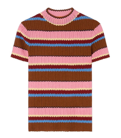 The Palazzo Top by Guest in Residence is a short-sleeved ribbed knit with pink, brown, red, yellow, and blue stripes. Featuring a crew neckline and regular fit, it's the perfect vacation-ready piece for effortless style.