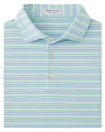 The Peter Millar Atrium Performance Jersey Polo is a folded striped polo shirt in blue, green, and white, featuring three buttons, Summer Comfort, and UPF 50+ protection.