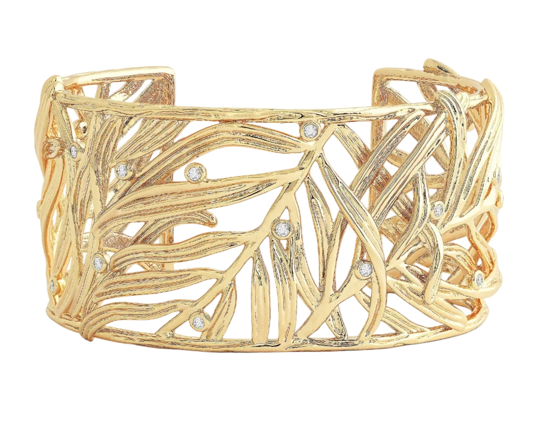 The Anabel Aram Palm Leaves Cuff is an 18k gold-dipped bracelet with an openwork palm frond design and sparkling hand-set crystals.