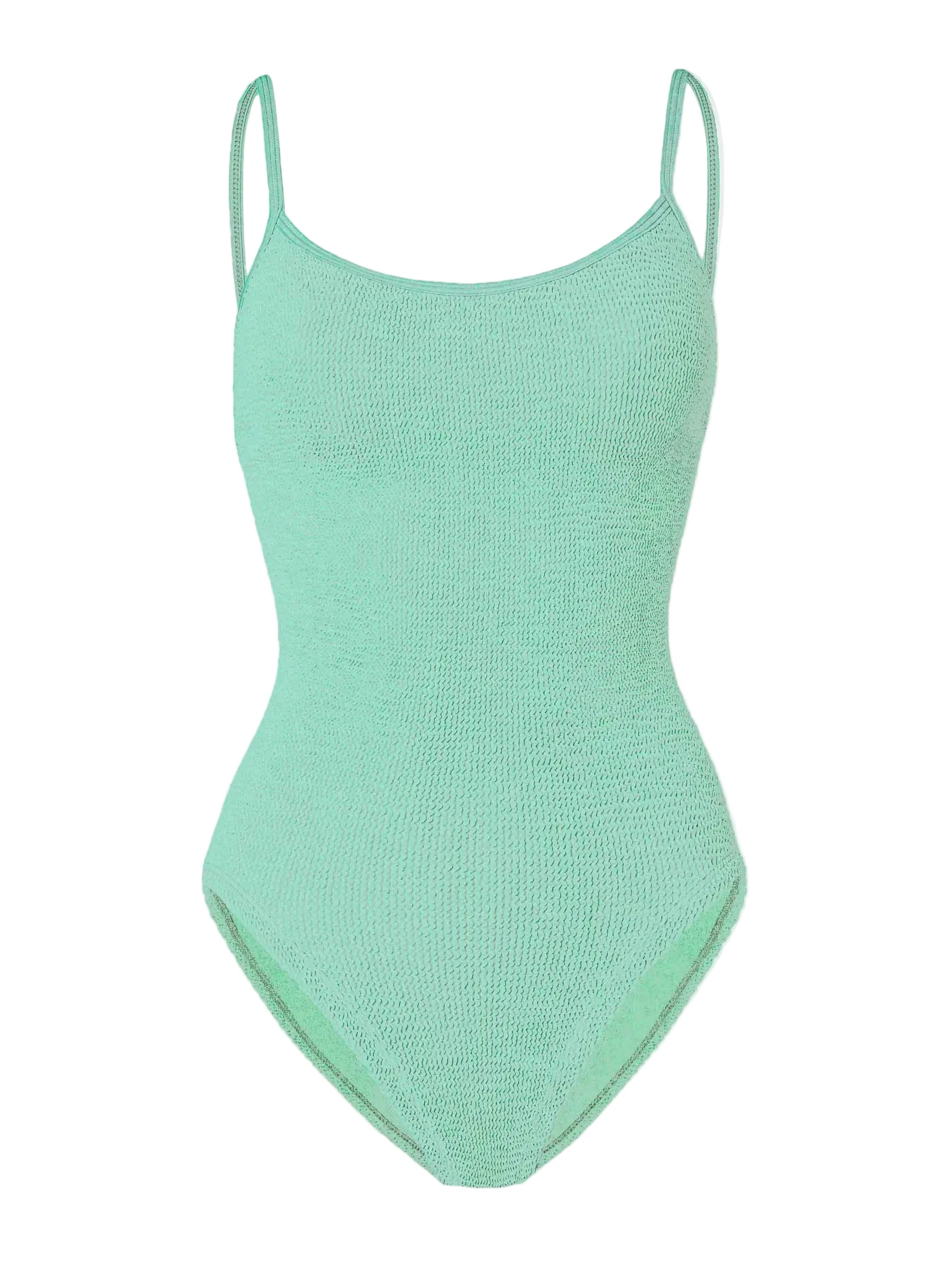 Pamela Swim by Hunza G in light green is a one-piece swimsuit crafted from the brand’s signature Original Crinkle™ fabrication, featuring thin shoulder straps, a scoop neckline, and textured fabric for adjustable coverage, shown against a white background.