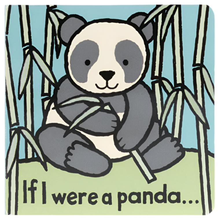 Illustration of a panda sitting among bamboo shoots with text below it reading, "If I were a panda..." Perfect for little ones, this charming scene comes straight from the delightful board book titled *Jellycat If I Were a Panda Book* by Jellycat.