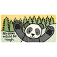 A children's board book illustration from the Jellycat "If I Were a Panda" Book features Harry, a Panda Cub, with raised paws, textured paw prints, and the text "My paws would be rough" set against a background of hills and trees.