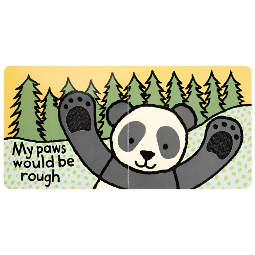 A children's board book illustration from the Jellycat "If I Were a Panda" Book features Harry, a Panda Cub, with raised paws, textured paw prints, and the text "My paws would be rough" set against a background of hills and trees.