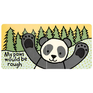 A children's board book illustration from the Jellycat "If I Were a Panda" Book features Harry, a Panda Cub, with raised paws, textured paw prints, and the text "My paws would be rough" set against a background of hills and trees.