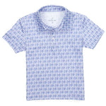 The Properly Tied Boys' Inlet Polo is a short-sleeved collared shirt adorned with a delightful blue and white penguin pattern, ideal for everyday wear.