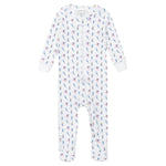 The Lila and Hayes Parker Onesie by Lila & Hayes is crafted from soft Peruvian Cotton, showcasing a colorful dinosaur pattern with a practical front zipper closure in white.