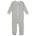 The Lila & Hayes Baby Parker Zipper Pajama features long sleeves, footed design, and a green Christmas tree print, all crafted from soft Pima cotton to keep your baby comfortable.