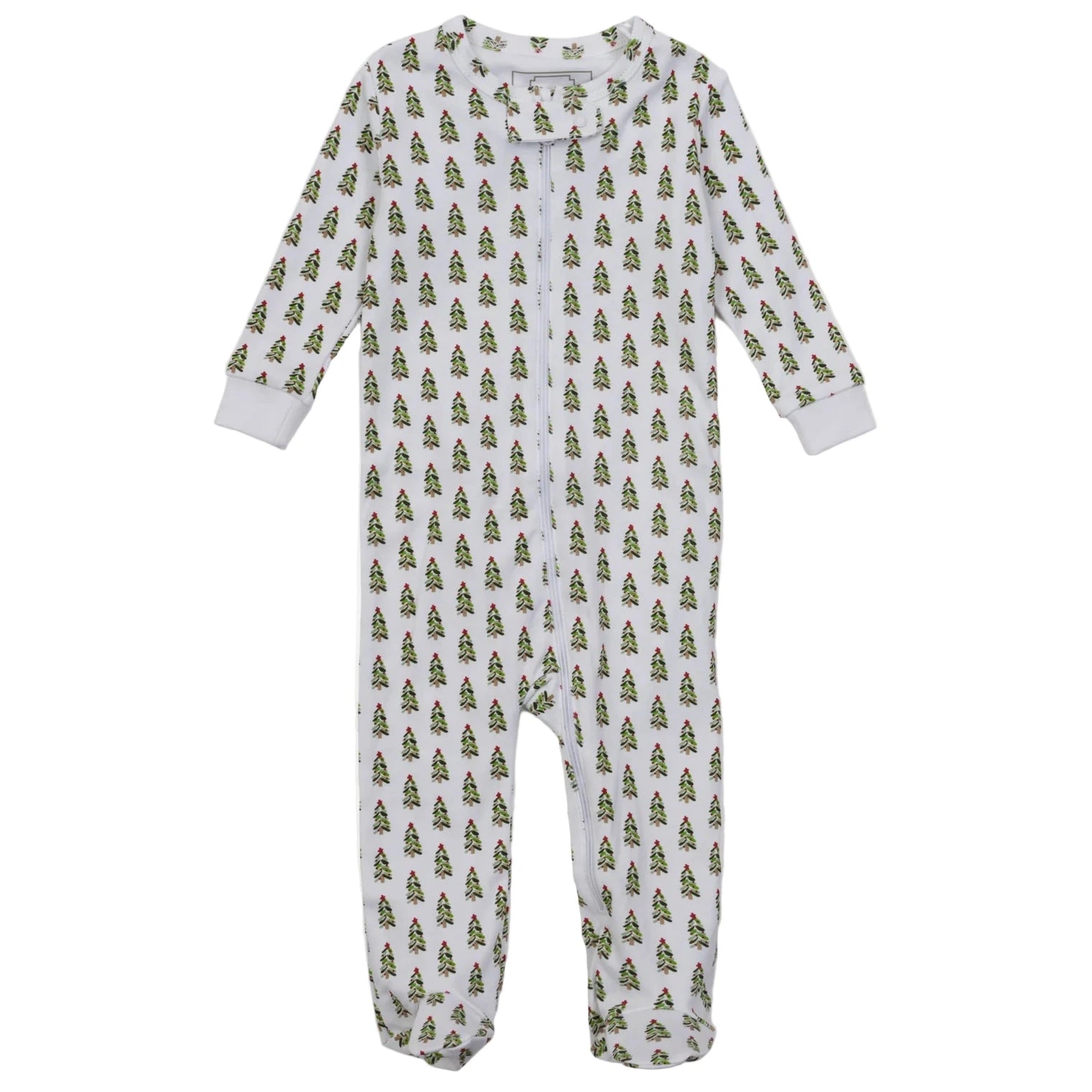 The Lila & Hayes Baby Parker Zipper Pajama features long sleeves, footed design, and a green Christmas tree print, all crafted from soft Pima cotton to keep your baby comfortable.