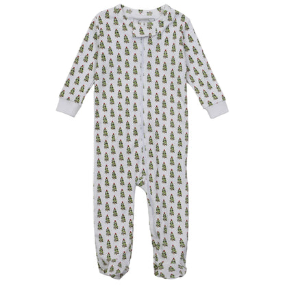 The Lila & Hayes Baby Parker Zipper Pajama features long sleeves, footed design, and a green Christmas tree print, all crafted from soft Pima cotton to keep your baby comfortable.