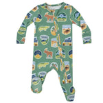 The Angel Dear National Park Stickers 2-Way Zip Footie is a green infant onesie by Angel Dear. It is crafted from bamboo fiber fabric, featuring long sleeves and a footed design with a national park theme adorned with prints of animals, trees, and park names. The onesie includes convenient fold-over cuffs for added comfort.