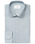 The Cut Away Slim Signature Twill Parrot Shirt by Eton features a geometric design with a wrinkle-free finish, crafted from extra-long staple cotton and including a buttoned front and one cuff.