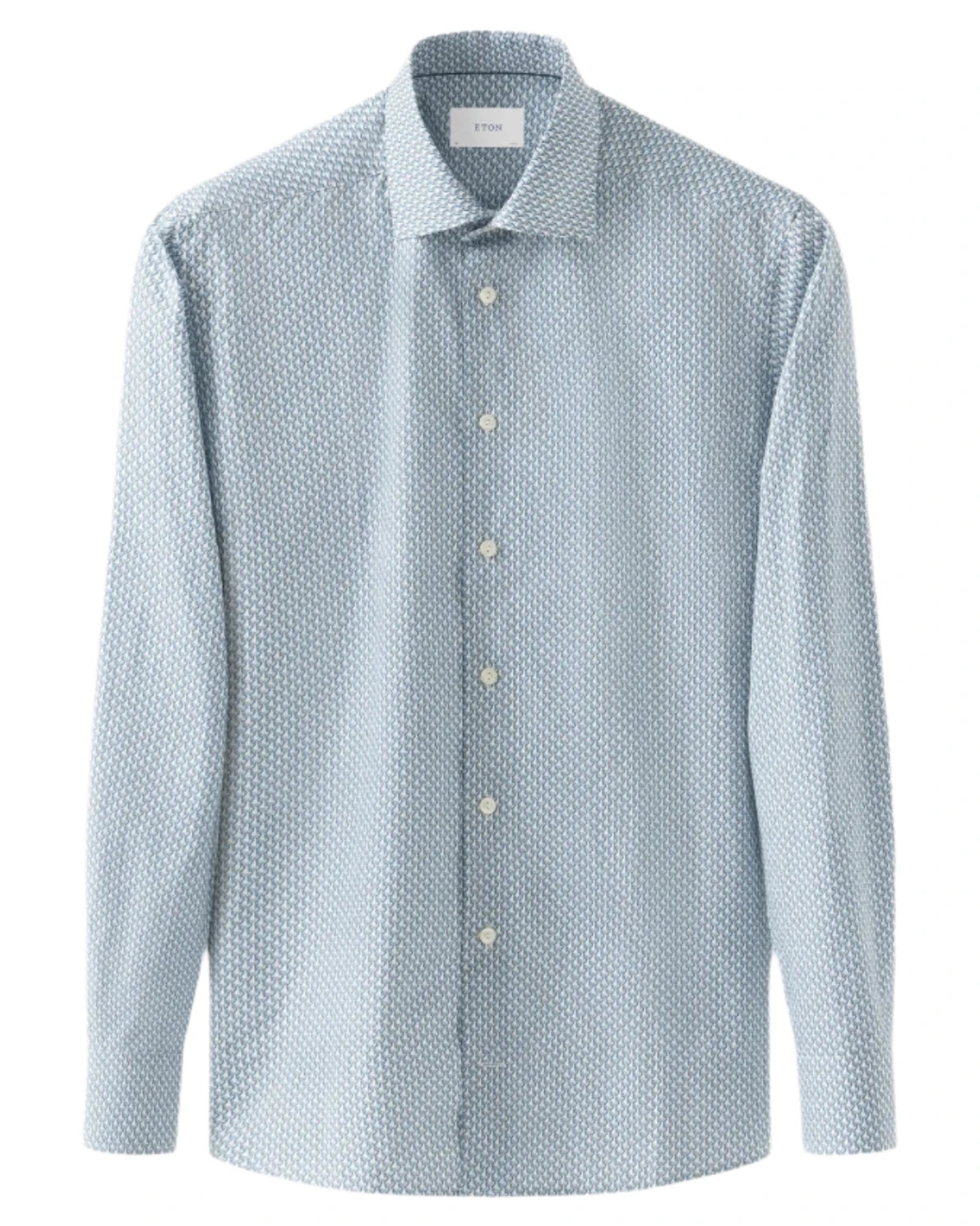 The Cut Away Slim Signature Twill Parrot Shirt by Eton is a light blue, long-sleeve button-up featuring a subtle geometric pattern on white. Crafted from extra-long staple cotton for a wrinkle-free finish, it ensures effortless all-day style.