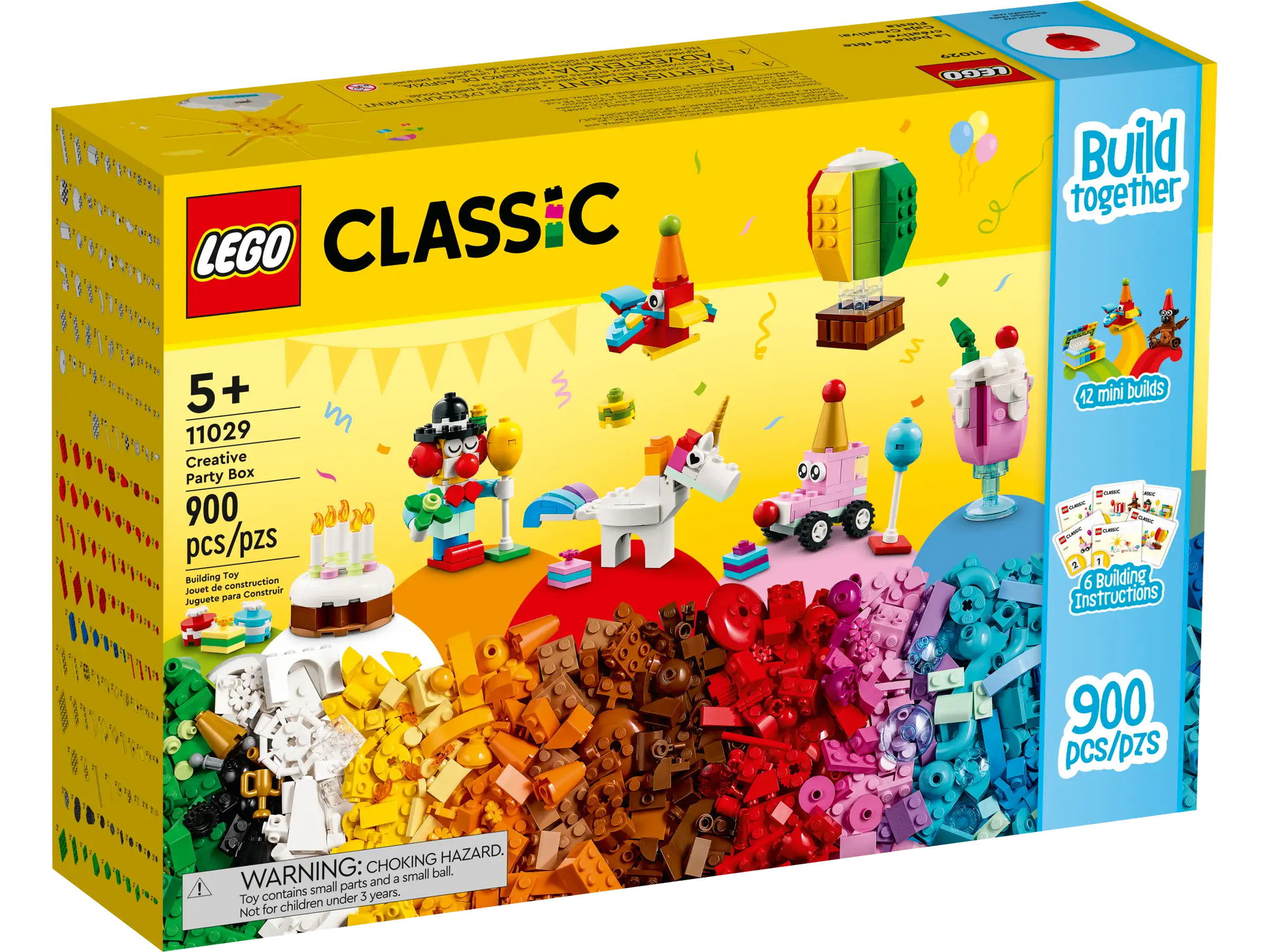 Image of the LEGO® Classic Creative Party Box (set 11029) from Legos - Toyhouse, containing 900 pieces. This imaginative building toy features colorful creations including a cake, clown, and unicorn, and is recommended for ages 5 and up.