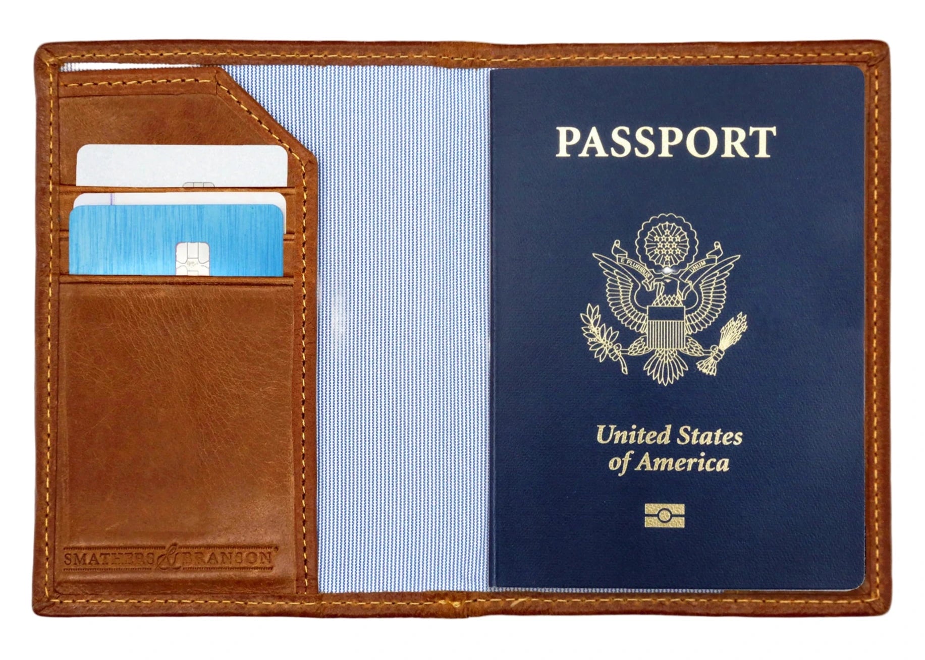 The Smathers & Branson American Flag Passport Case holds a U.S. passport and two credit cards, with one card partially inserted in the left slot—perfect as a sleek travel organizer.