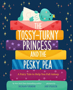 The book cover of "The Tossy-Turny Princess and the Pesky Pea: A Fairy Tale to Help You Fall Asleep," published by Abrams, a charming bedtime story by Susan Verde with illustrations by Jay Fleck, showcases a green dinosaur peacefully resting on a pile of colorful pillows.