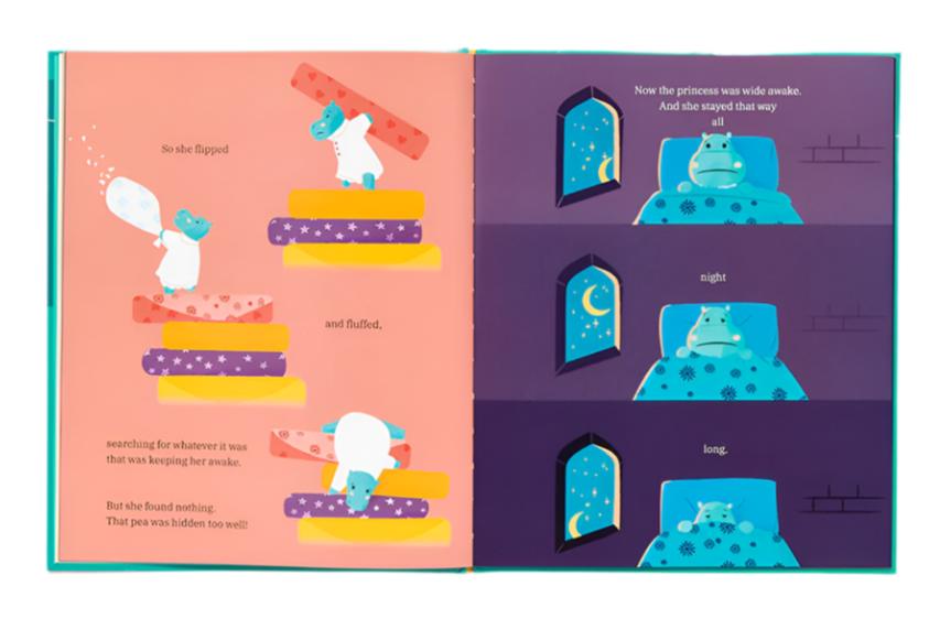 The Tossy-Turny Princess and the Pesky Pea: A Fairy Tale to Help You Fall Asleep, an illustrated children's picture book by Abrams, portrays a hippo flipping mattresses to discover something underneath before lying awake in bed by a window with a night sky, making it the ideal bedtime fairy tale.