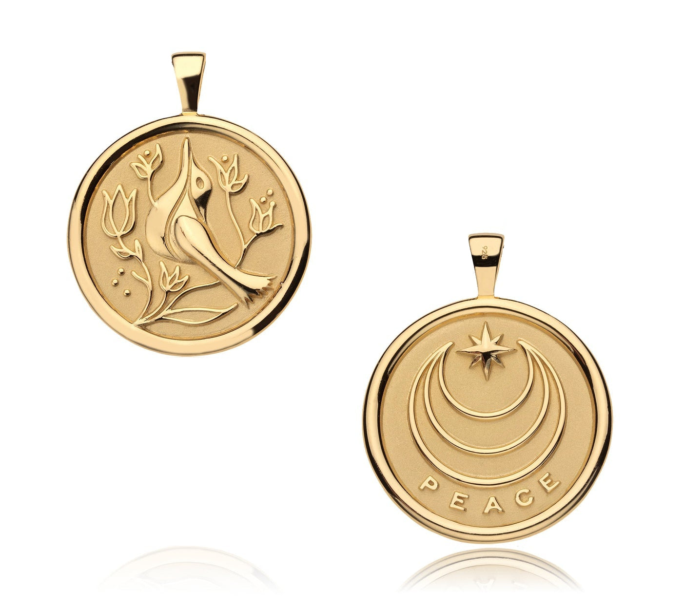 The Jane Win Pendant Necklace Collection features two round gold pendants: one with a bird among flowers, the other with crescents, a star, and "PEACE"—meaningful milestone jewelry.