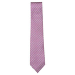 The Peacock Motif Tie by Robert Jensen is hand-stitched in pink silk, showcasing a repeating small white and blue floral pattern, and is displayed against a plain white background.