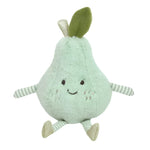 The MON AMI Perfect Pear by Mon Ami is a delightful plush toy featuring a smiling face, striped legs, and a leaf on top, sitting charmingly against a plain background—perfect for brightening up any playroom shelf.