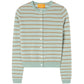 The Pebble Stripe Jane Cardigan by Guest in Residence is a light green and beige cashmere knit with stripes, long sleeves, white button-front closure, and a round neckline.