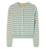 The Pebble Stripe Jane Cardigan by Guest in Residence is a light green and beige cashmere knit with stripes, long sleeves, white button-front closure, and a round neckline.