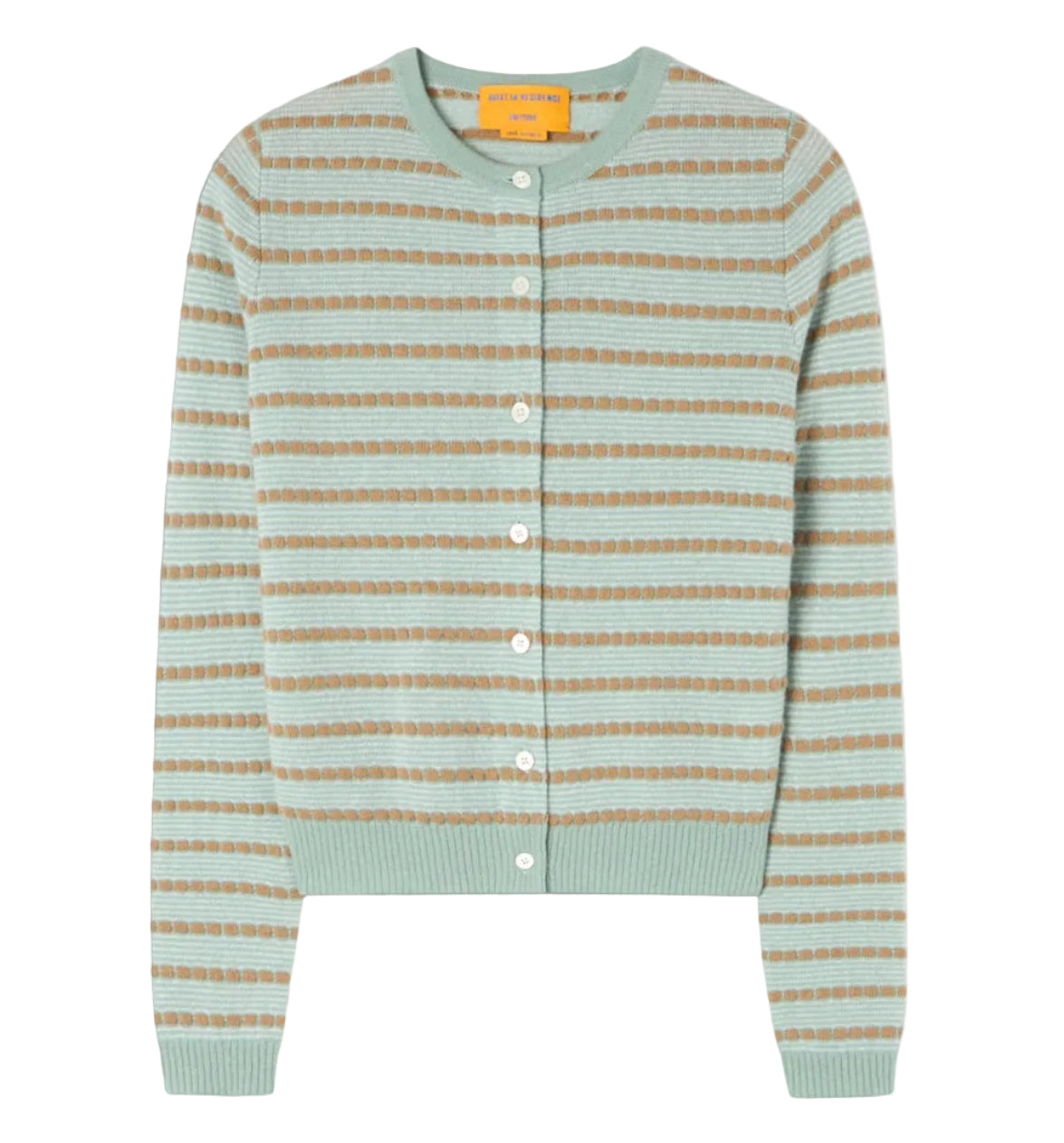 The Pebble Stripe Jane Cardigan by Guest in Residence is a light green and beige cashmere knit with stripes, long sleeves, white button-front closure, and a round neckline.