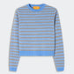 The Pebble Stripe Shrunken Crew by Guest in Residence is a long-sleeve knit sweater featuring blue and beige stripes, with ribbed cuffs, hem, and collar in a flattering cropped fit, displayed against a plain light background.