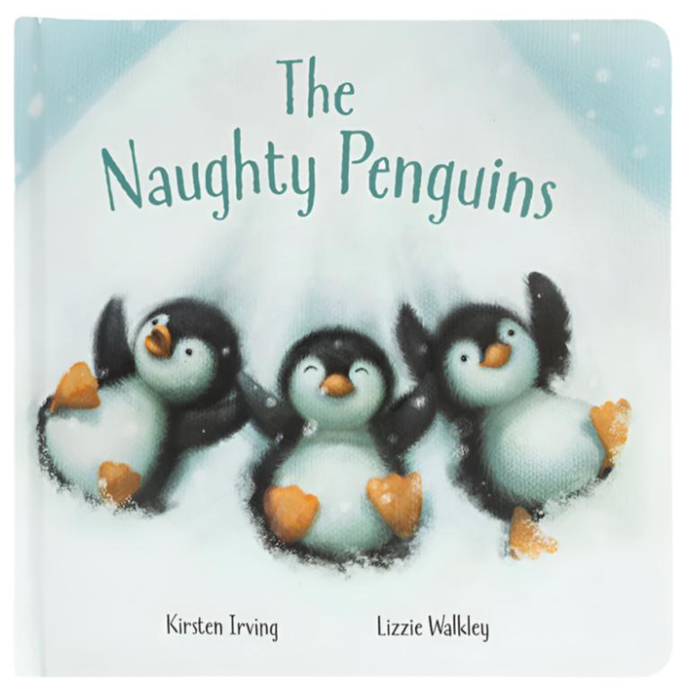 The cover of "The Naughty Penguins" by Jellycat showcases three playful penguin chicks having fun in the snow, authored by Kirsten Irving and Lizzie Walkley. An ideal choice for snowy storytime adventures!