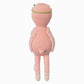 Penelope the Flamingo by Cuddle + Kind is a 13" pink knitted stuffed animal with fuzzy arms, a small tail, and ballet shoes, shown standing upright from behind—an adorable birthday gift that brings joy and warmth to any celebration.