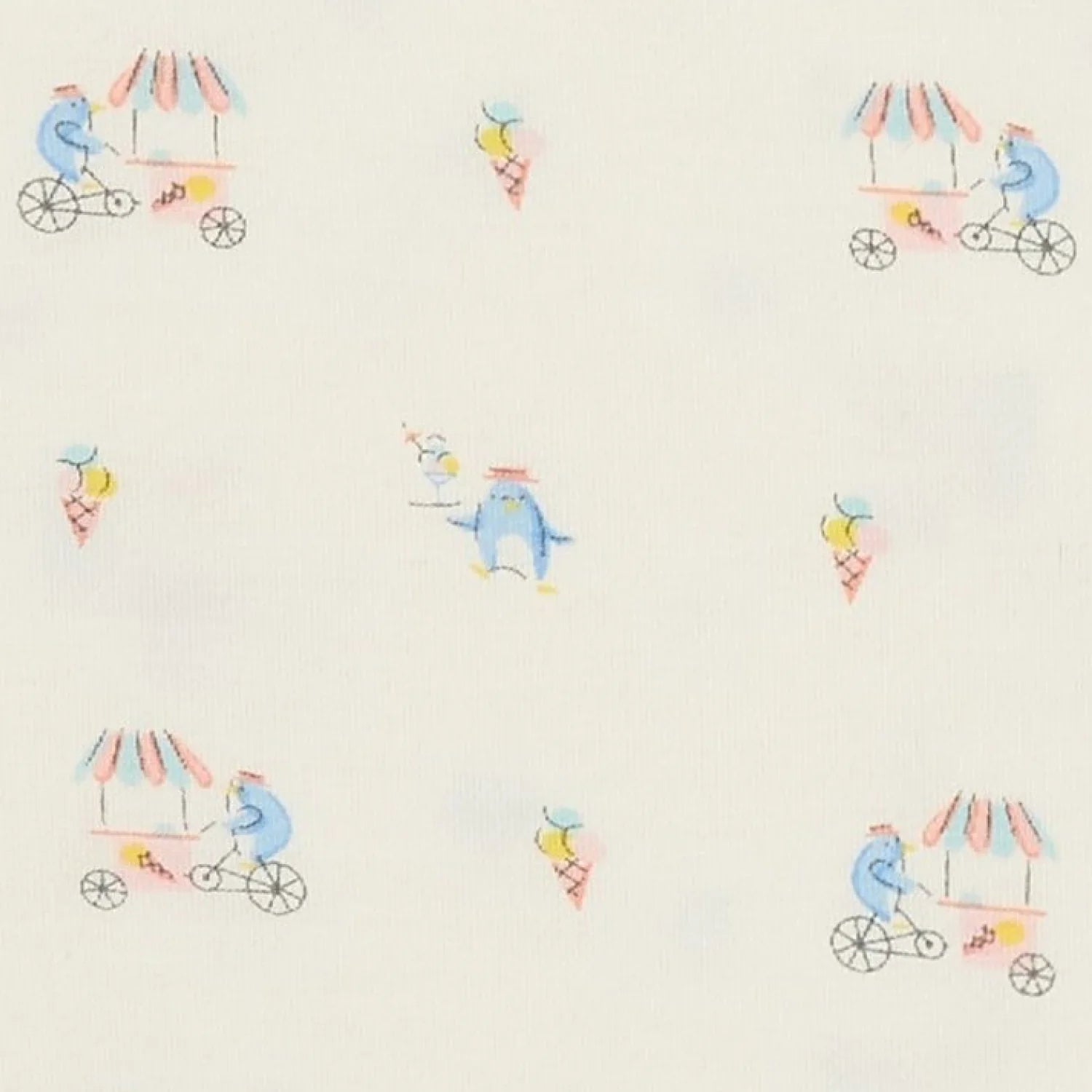 The Magnetic Me Baby Girls' Cotton Tank & Bloomer Set features blue penguins with ice cream cones and carts under red-and-white awnings on light cotton poplin—perfect for easy dressing.