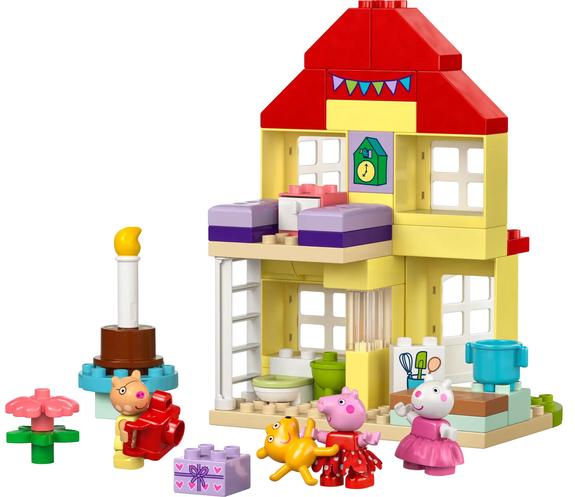 The LEGO® Peppa Pig Birthday House set includes colorful LEGO DUPLO blocks, three animal figures, a cake, flowers, a small horse, and gift boxes arranged in front.
