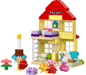The LEGO® Peppa Pig Birthday House set includes colorful LEGO DUPLO blocks, three animal figures, a cake, flowers, a small horse, and gift boxes arranged in front.