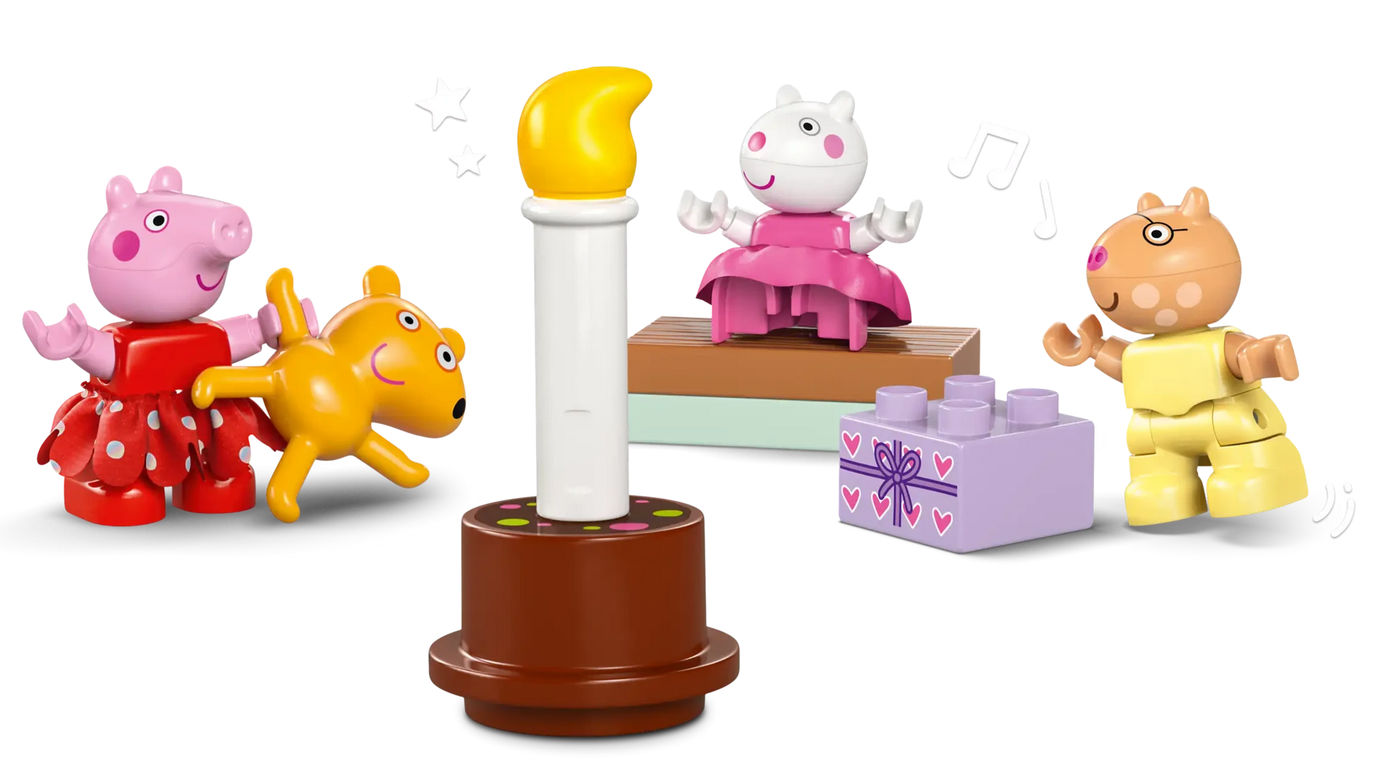 Three LEGO® Peppa Pig DUPLO figures, a toy dog, and a cake with candle gather by colorful bricks from the LEGO® Peppa Pig Birthday House set, capturing a joyful Peppa Pig birthday celebration.