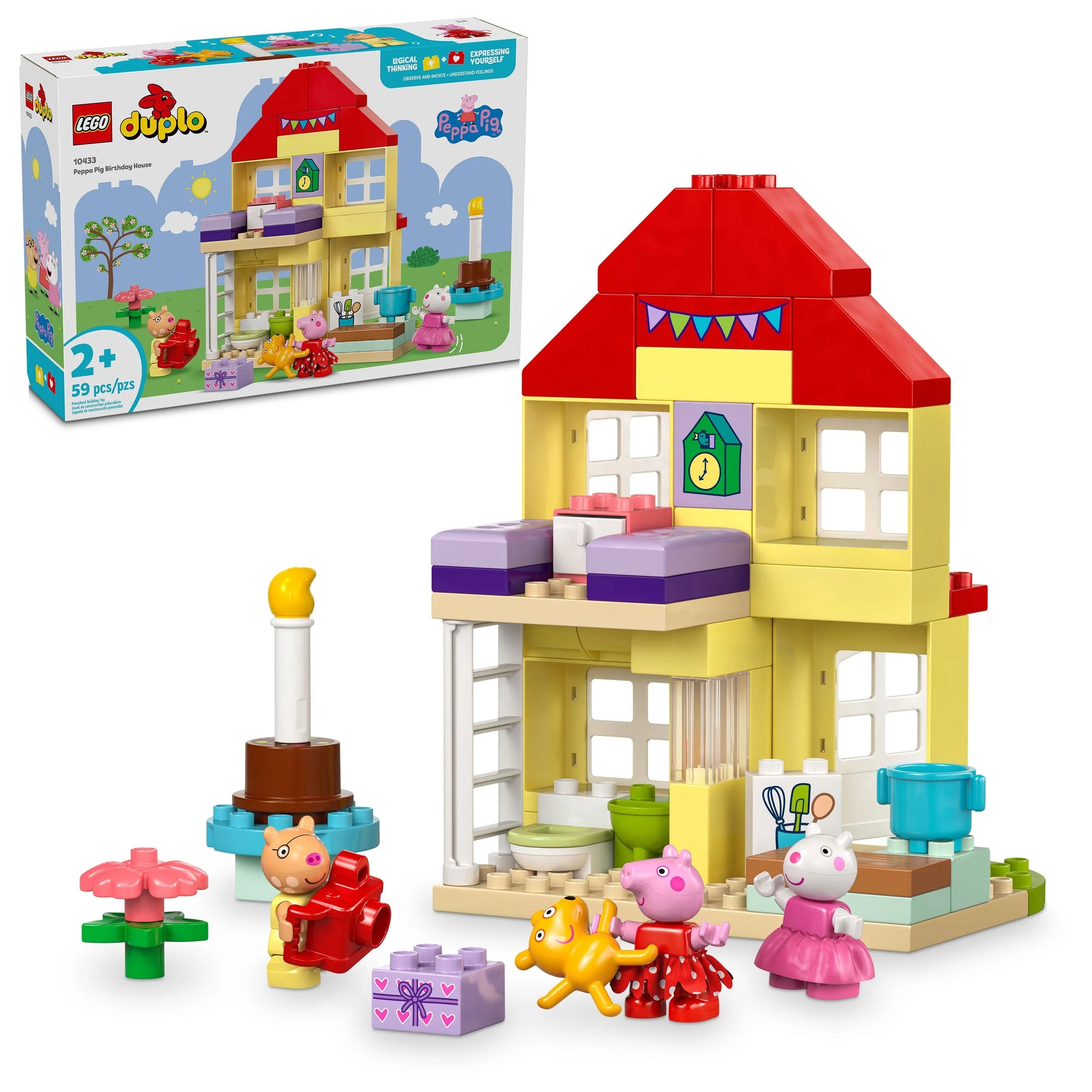 The LEGO® Peppa Pig Birthday House by LEGO® is a two-story yellow and red house playset with Peppa Pig figures, furniture, accessories, and the box shown in the background.