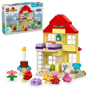 The LEGO® Peppa Pig Birthday House by LEGO® is a two-story yellow and red house playset with Peppa Pig figures, furniture, accessories, and the box shown in the background.