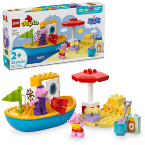The LEGO® Peppa Pig Boat Trip set by LEGO® includes a boat, sandcastle, beach umbrella, and two Peppa Pig figures. Box shown in background. Ideal preschool learning toy for ages 2+.