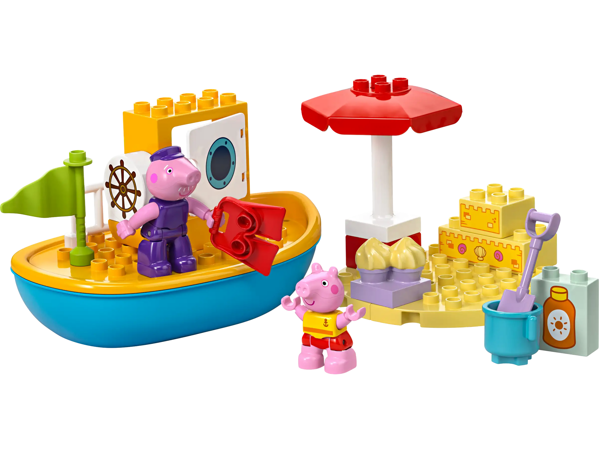 Inspire creative play with the LEGO® Peppa Pig Boat Trip set—this preschool toy features two pig figures, colorful bricks, a sandcastle, umbrella, bucket, shovel, and accessories for imaginative beach adventures.
