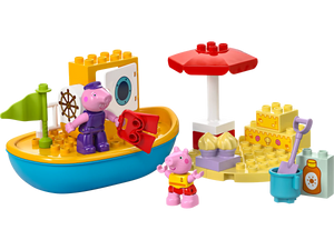 Inspire creative play with the LEGO® Peppa Pig Boat Trip set—this preschool toy features two pig figures, colorful bricks, a sandcastle, umbrella, bucket, shovel, and accessories for imaginative beach adventures.
