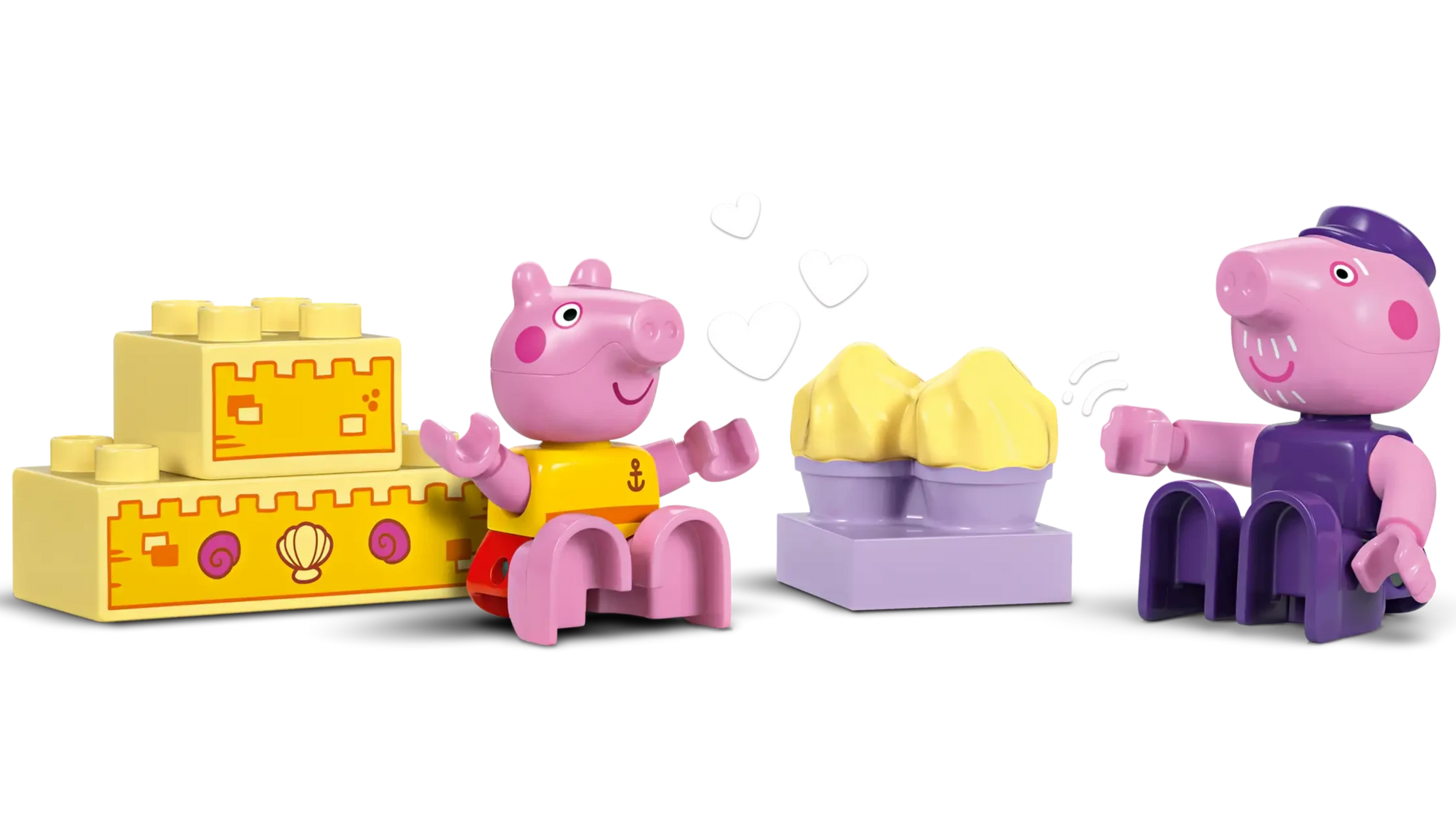 Two pink pig figures face each other with yellow LEGO® DUPLO® blocks and a purple tray between them in the LEGO® Peppa Pig Boat Trip set, making it a perfect preschool learning toy. White hearts are illustrated above the tray.