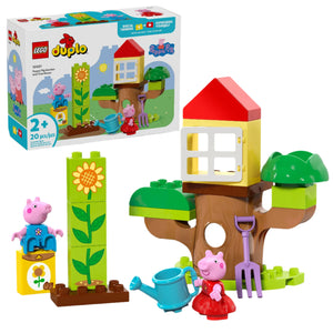 The LEGO® Peppa Pig Garden & Tree House playset for ages 2+ features Peppa Pig figures, gardening tools, a watering can, sunflower, and tree house. Box displayed in the background.