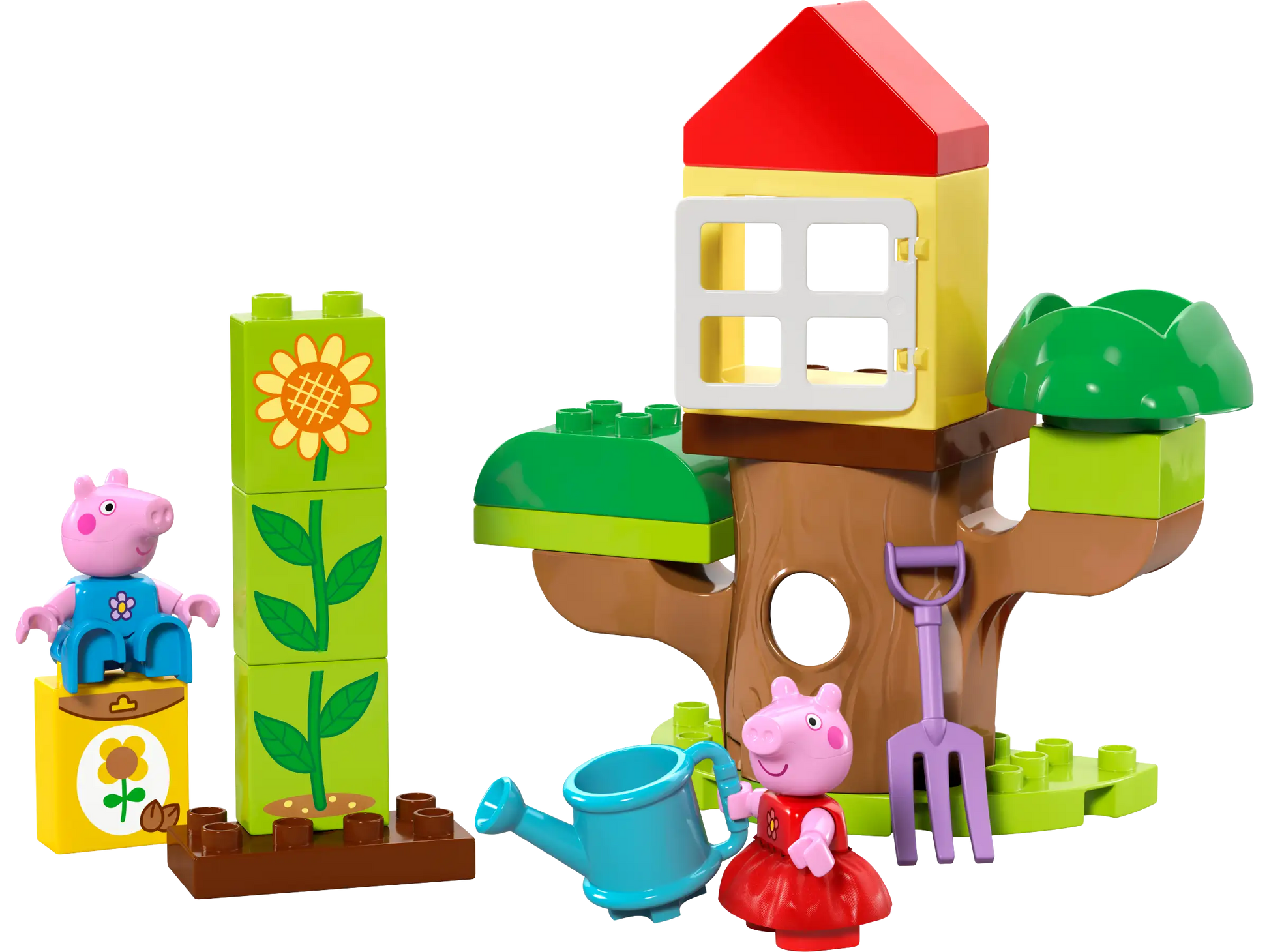 The LEGO® Peppa Pig Garden & Tree House playset by LEGO® features a treehouse, Peppa Pig figures, garden tools, a watering can, and flower blocks, perfect for toddlers' imaginative play.