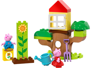 The LEGO® Peppa Pig Garden & Tree House playset by LEGO® features a treehouse, Peppa Pig figures, garden tools, a watering can, and flower blocks, perfect for toddlers' imaginative play.