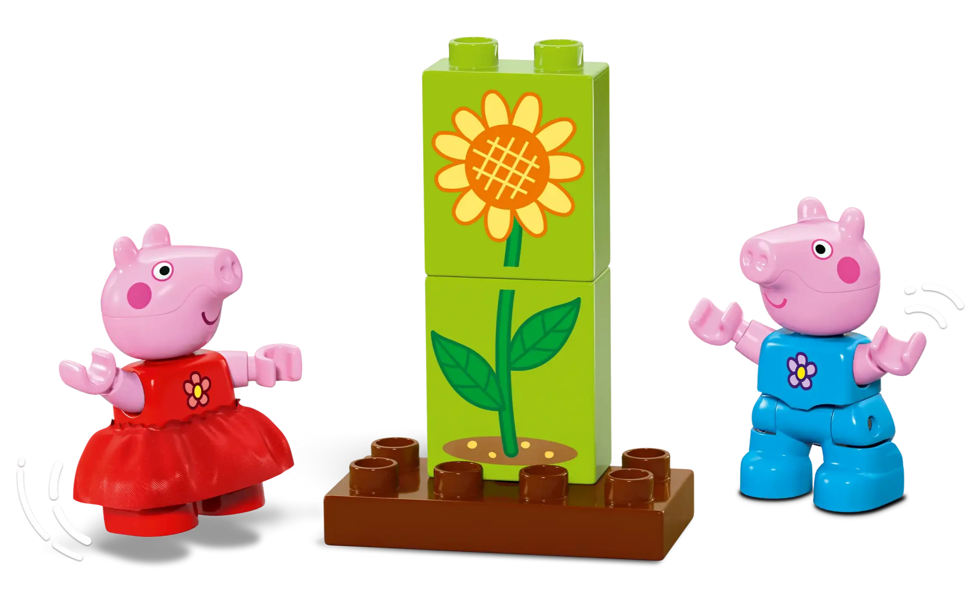 LEGO® Peppa Pig Garden & Tree House by LEGO® includes Peppa figures in red and blue outfits with building blocks featuring a sunflower—ideal for toddlers to create fun garden and tree house adventures.
