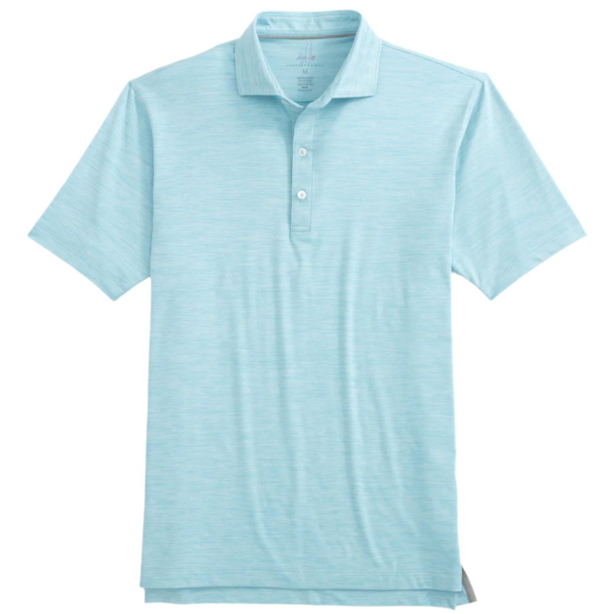 Introducing the Johnnie-O Huronn Featherweight Polo: a light blue, short-sleeve performance polo shirt with a collar and three front buttons, part of our Featherweight collection, offering UPF 50 sun protection. Brought to you by Johnnie-O.