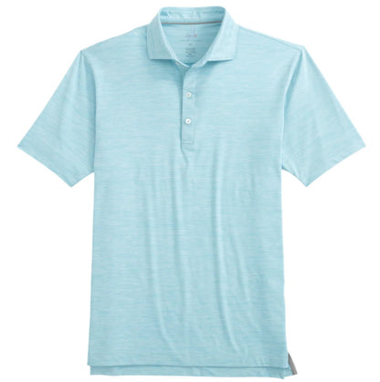 Introducing the Johnnie-O Huronn Featherweight Polo: a light blue, short-sleeve performance polo shirt with a collar and three front buttons, part of our Featherweight collection, offering UPF 50 sun protection. Brought to you by Johnnie-O.