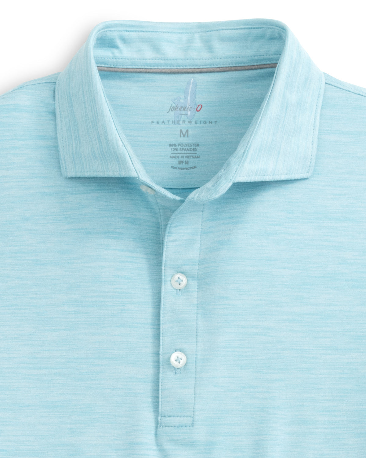 The Johnnie-O Huronn Featherweight Polo in light blue showcases a spread collar and a placket with three white buttons. This medium-sized performance polo from Johnnie-O features a subtle heather pattern, a logo on the inside collar, and offers UPF 50 sun protection.