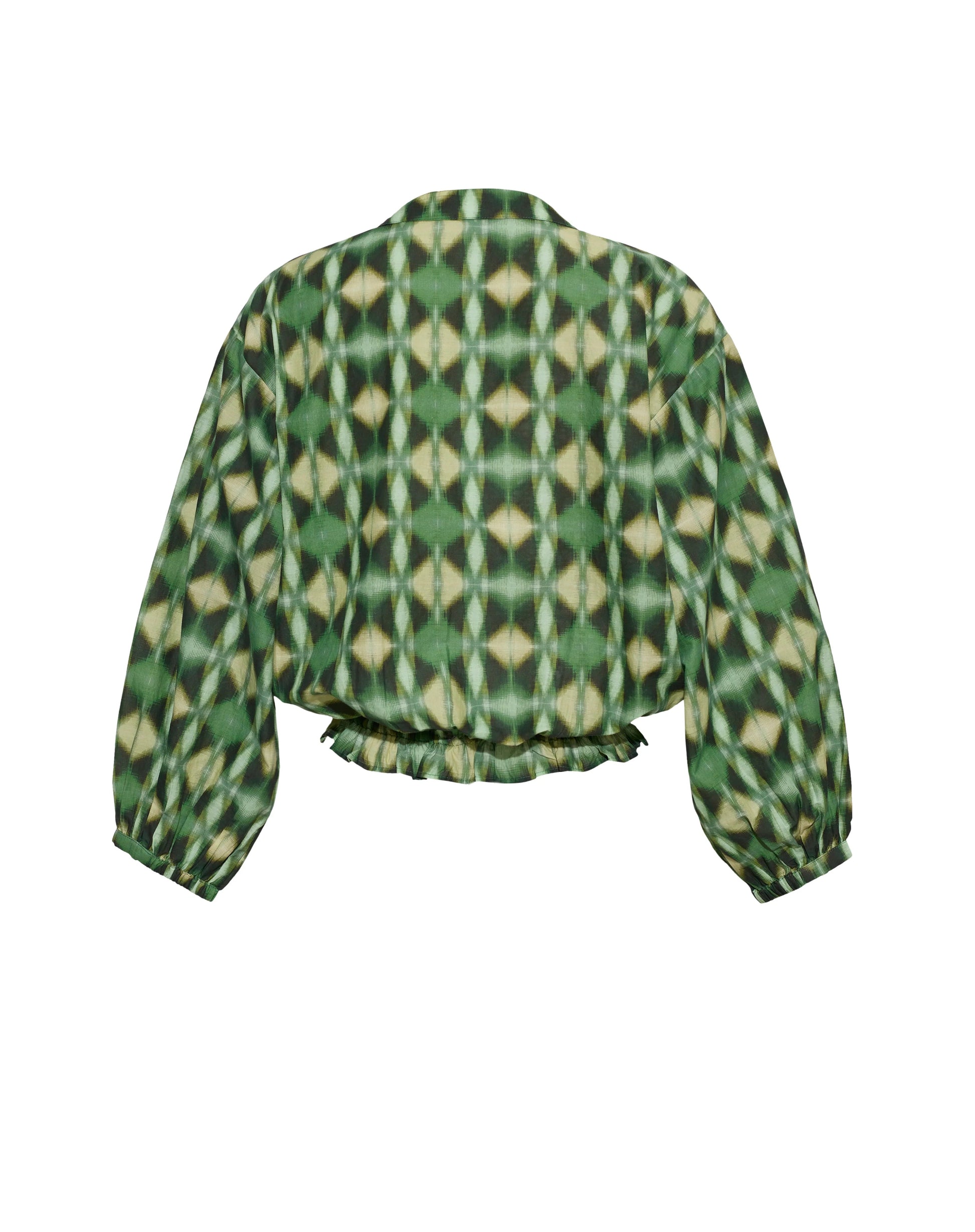 Back view of the Perrin Top by Cara Cara—a long-sleeve blouse in green and cream with a geometric pattern, made from soft cotton voile and finished with elastic cuffs and hem.