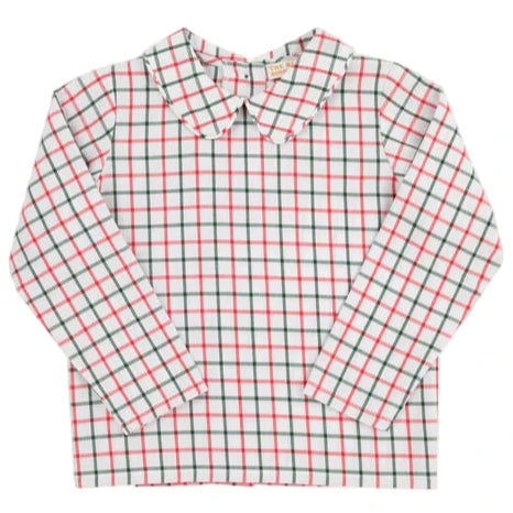 The Beaufort Bonnet Company Baby Boys' Peter Pan Collar Shirt features long sleeves and an Old Town Tattersall red, black, and white check pattern, shown on a plain background.