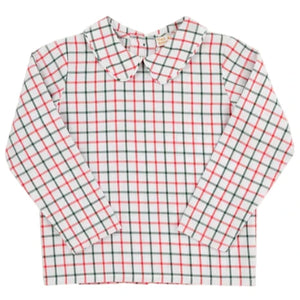 The Beaufort Bonnet Company Baby Boys' Peter Pan Collar Shirt features long sleeves and an Old Town Tattersall red, black, and white check pattern, shown on a plain background.